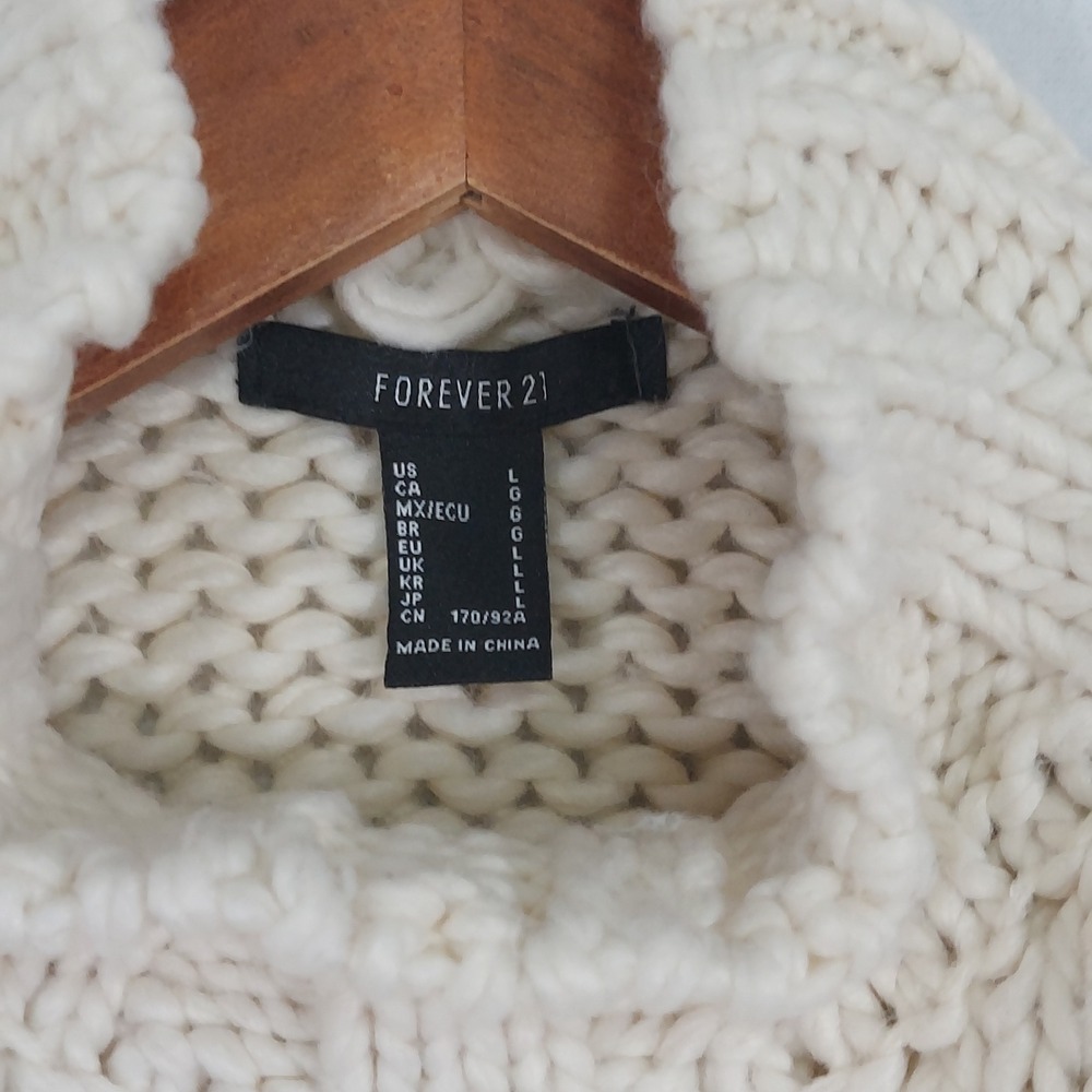 Forever 21 Cherry Sweater L Chunky Knit Cream Cropped Balloon Sleeve Mock Neck - Picture 4 of 8